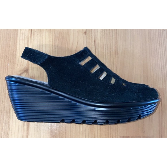 Skechers Shoes - SKECHERS Parallel Trapezoid Wedge Sandal Black Size 6 Peep Toe Suede Leather